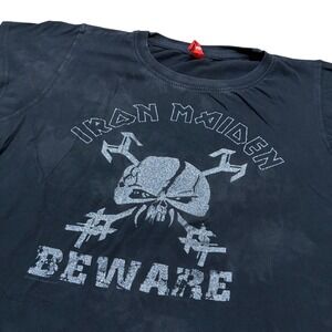 Iron Maiden Beware Skull Glitter Graphic T-Shirt Black‎ Womens Cap Sleeve 2010